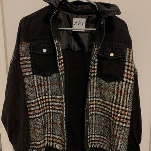 Zara Black/Flannel Denim Button-Snap Jacket